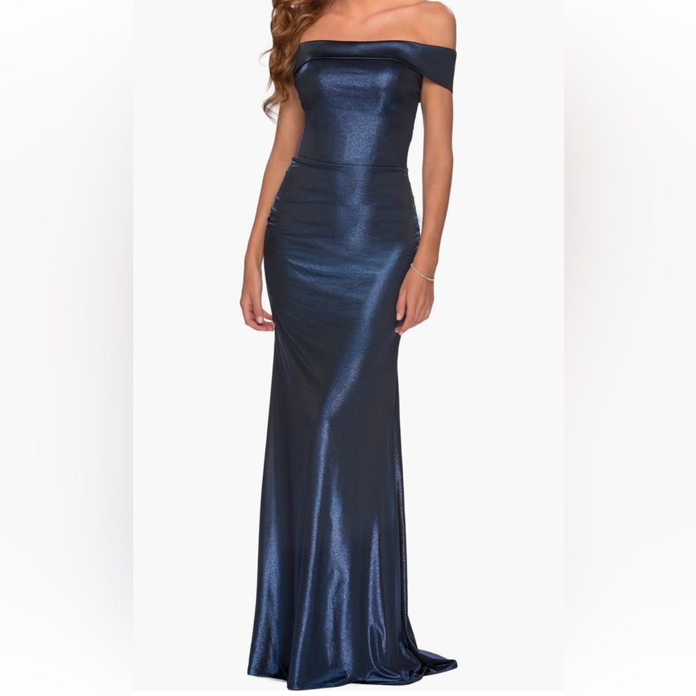 La Femme Metallic Off The Shoulder Column Gown